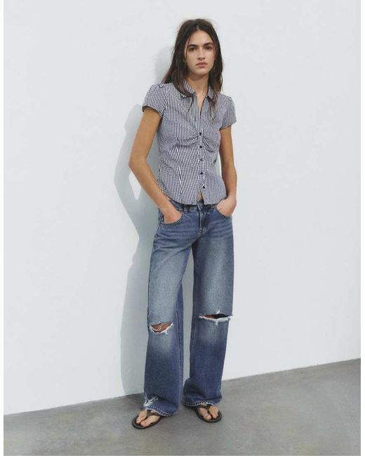 Pull&Bear Blue Gathered Short Sleeve Shirt