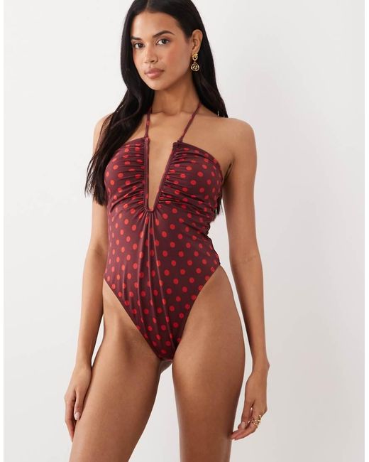 ASOS Red Cherry Spot Extreme U-wire Bandeau Swimsuit