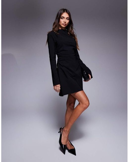 Vestido Corto De Manga Larga Con Cuello Alto Y Detalle Fruncido De Bengalina De ASOS de color Blue