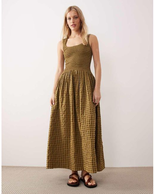 ASOS Natural Crinkle Scoop Neck Maxi Sundress With Shirred Waist