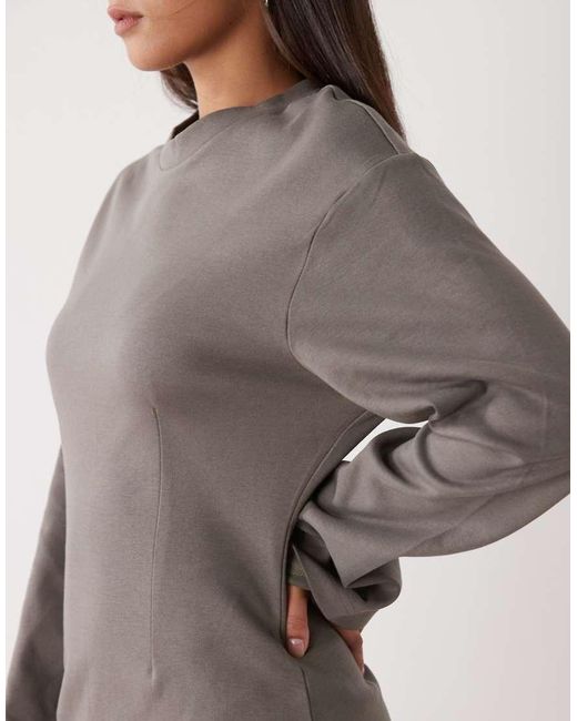 Monki Natural Cinched Waist Long Sleeve Mini Dress