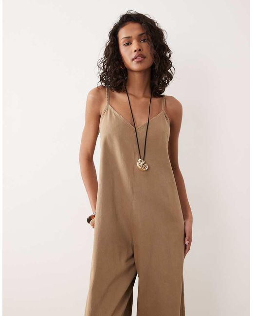 ASOS Natural Soft Denim Jumpsuit With Wide Leg
