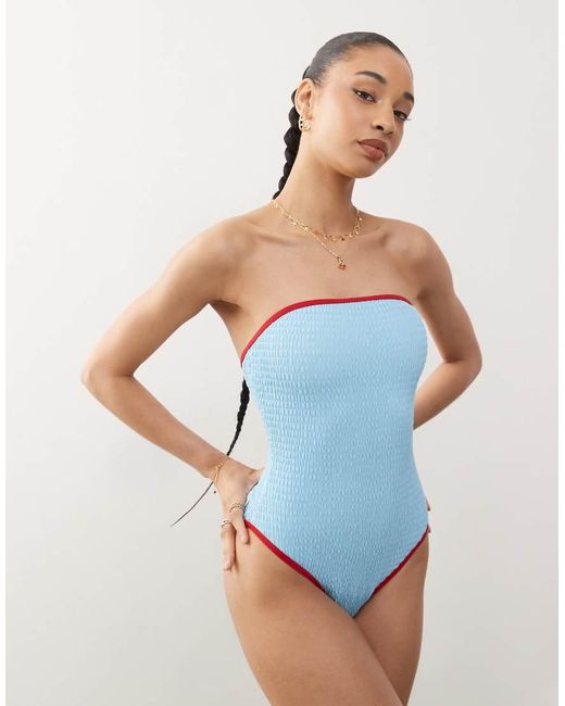 Reclaimed (vintage) Blue Bandeau Swimsuit With Shirring