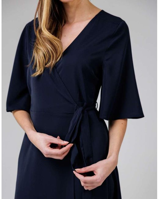 French Connection Black V- Neck Bell Sleeve Wrap Tie Crepe Midi Dress