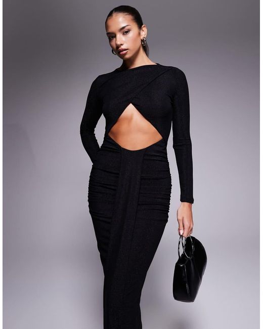 Murci Black Exclusive Slash Neck Crossover Front Cut Out Drape Detail Maxi Dress