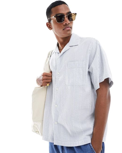 Chemise oversize coupe carrée en crépon rayé avec col à revers - bleu SELECTED pour homme en coloris White