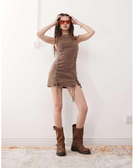 Monki Denim Lace Up Mini Dress in Brown | Lyst UK