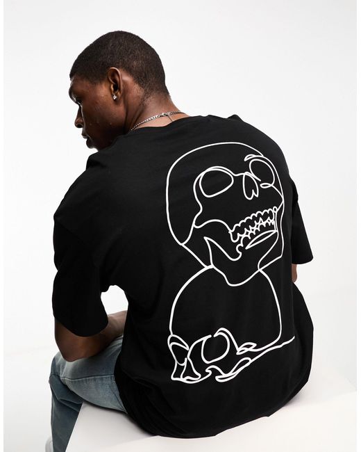 Jack & Jones Black Originals Oversized T-shirt With Skulls Back Print for men