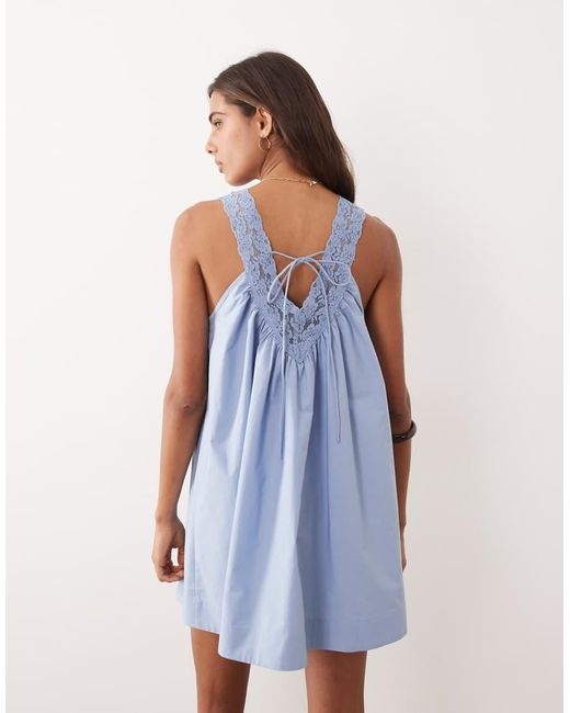 ASOS Blue V Neck Smock Poplin Mini Sundress With Lace Overlay