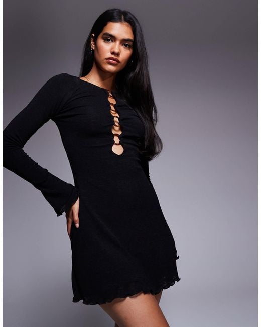 Princess Polly Blue Dejonge Lettuce Edge Hem Ring Detail Open Front Detail Mini Dress