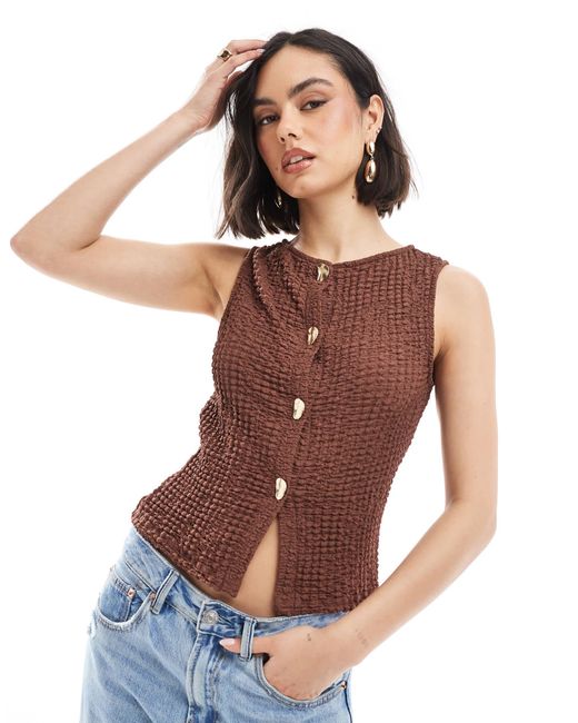 ASOS White Textured Button Through Top With Gold Hardware Buttons