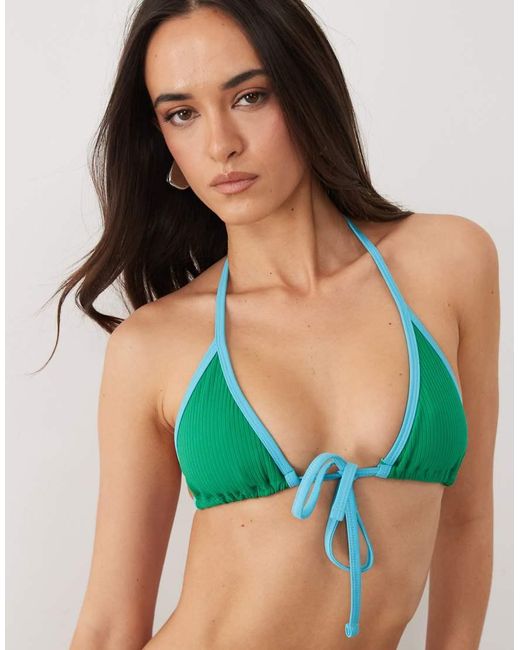 ASOS Green Ronnie Rib Contrast Binding Santorini Tie Front Triangle Bikini Top