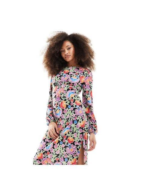 Jdy White Long Sleeve Maxi Dress With Multi Coloured Flower-black