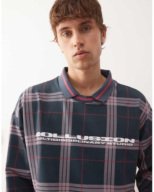 Collusion Blue Unisex Long Sleeve Check Football Top for men