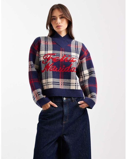 ASOS Blue Checked Feliz Navidad Boxy High V Jumper