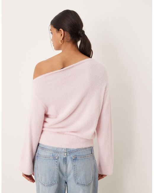 ASOS Pink Fluffy Knitted One Shoulder Jumper With Cinched Waist