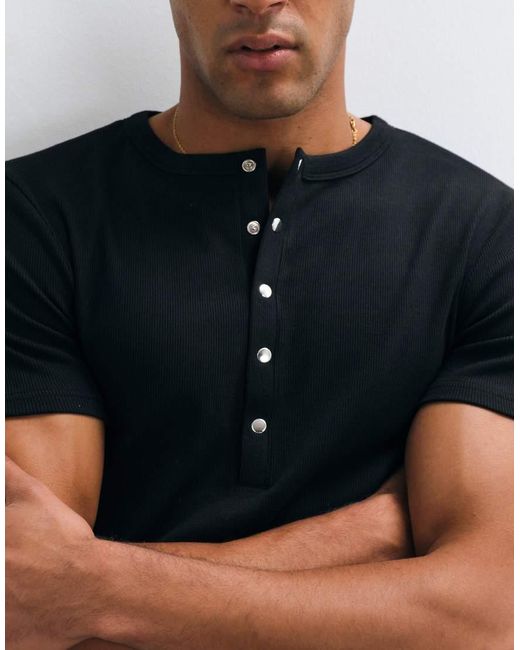ASOS Black Muscle Fit T-shirt With Henley And Poppers for men