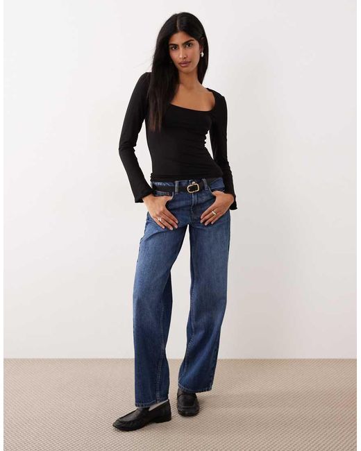 Gina Tricot Blue Long Sleeve Top With Scoop Neck And Split Cuffs