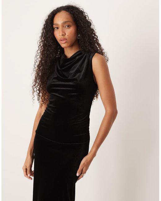 Vila Black High Neck Velvet Ruched Maxi Dress
