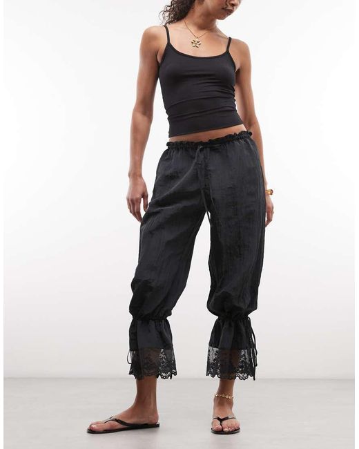 Monki Blue Lace Detail Textured Balloon Trousers