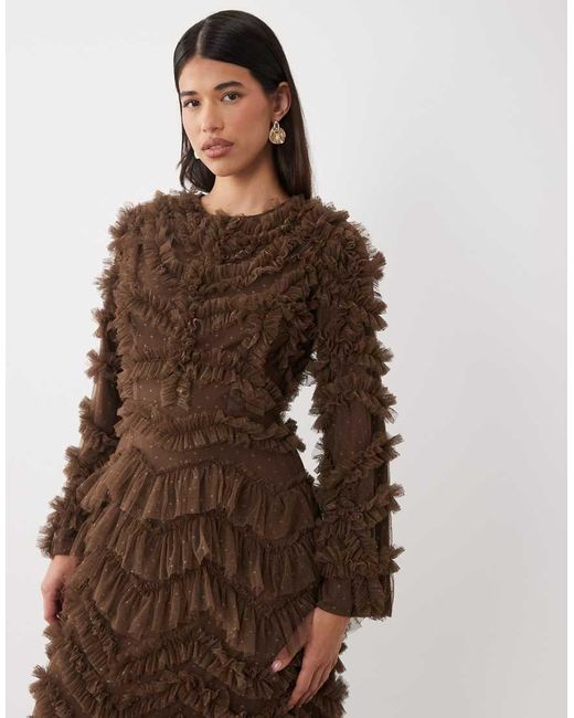 Beauut Maryisa Maxi Jurk Met Lange Mouwen En Ruches in het Brown