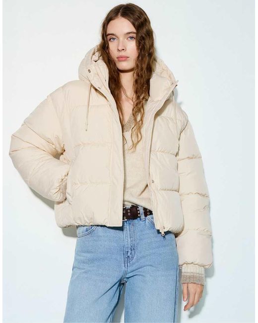 Pull&Bear Kort Gewatteerd Jack Met Capuchon in het Blue