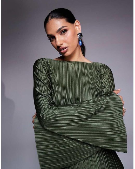 ASOS Plissé Maxi Jurk Met Lage Rug En Lange Wijde Mouwen in het Green