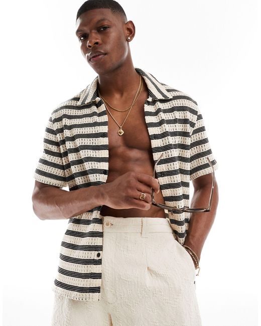 Bershka Black Textured Horizontal Stripe Shirt for men