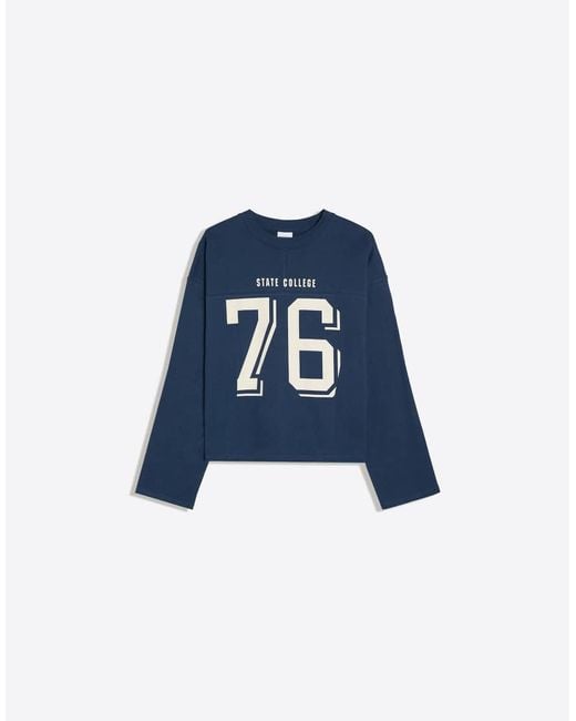 Bershka Blue Printed Round Neck Sweatshirt