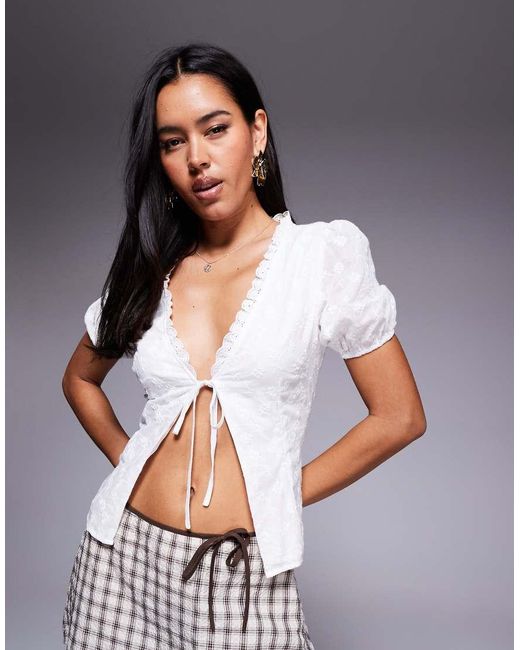 Princess Polly White Sez Embroidered Lace Trim Puff Sleeve Tie Split Front Top