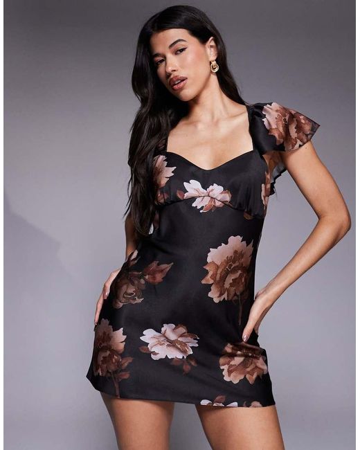 ASOS Black Flutter Sleeve Satin Mini Dress Chocolate Occasion Floral Print