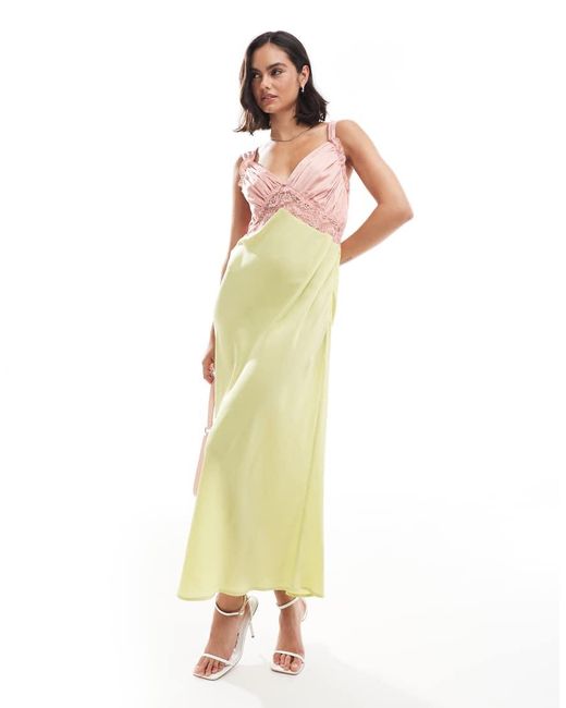 Vestido Midi Rosa Y Verde Con Diseño Color Block, Pecho Fruncido E Inserto De Encaje De ASOS de color Multicolor