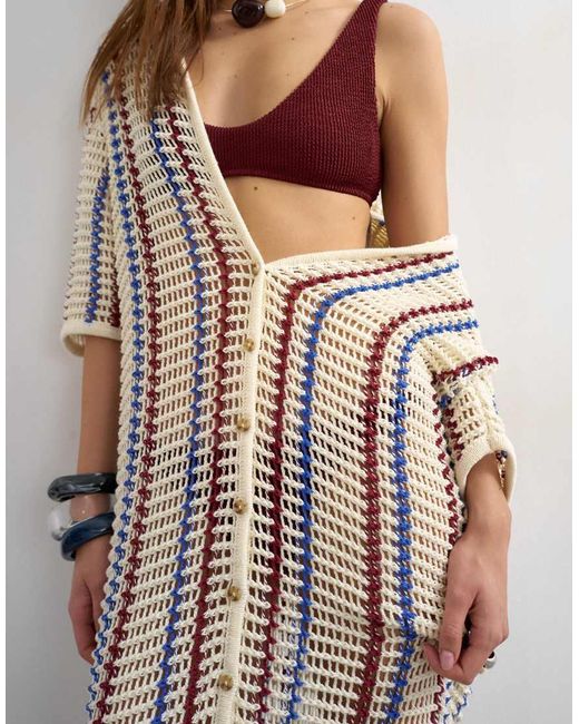 TOPSHOP White Knit Polo Striped Open Stitch Midi Dress