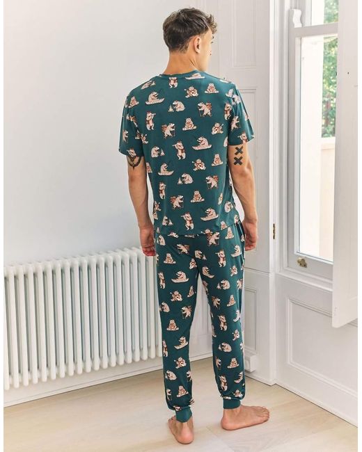 Chelsea Peers Blue Wilderness Bear Print Long Pyjama Set for men