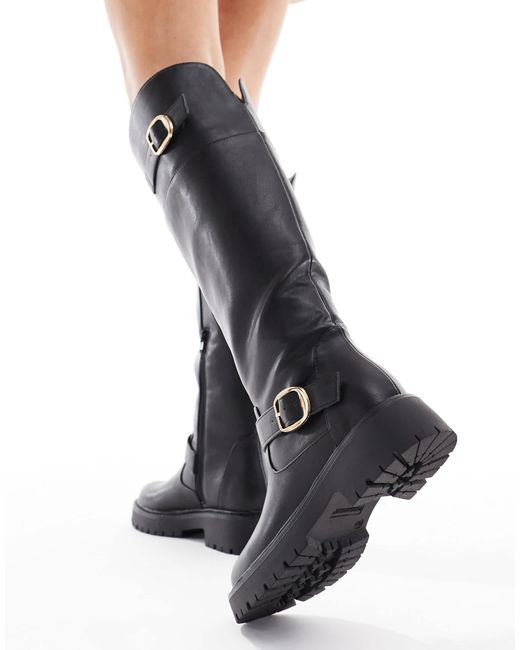 London Rebel Black Olivia Chunky Knee Boots With Buckle Detail