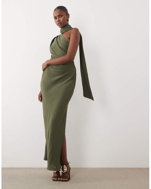 ASOS Green One Shoulder Gathered Waist Maxi Dress With Scarf