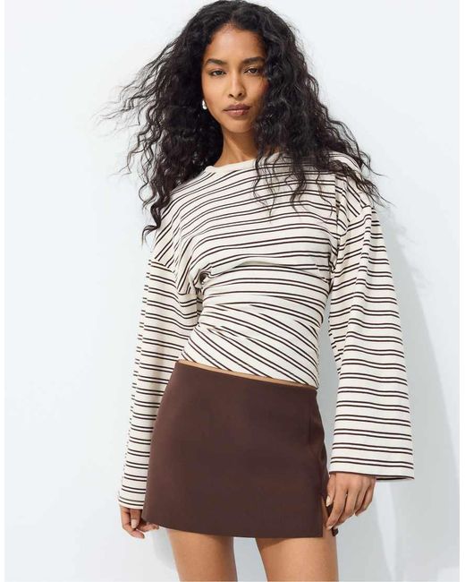 Stradivarius Gray Long Sleeve Striped T-shirt With Ruched Waist