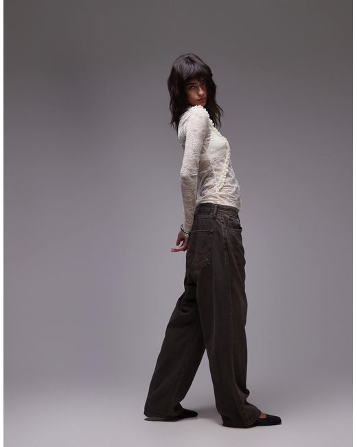 TOPSHOP Gray Lace Ruffle Front Long Sleeve Top