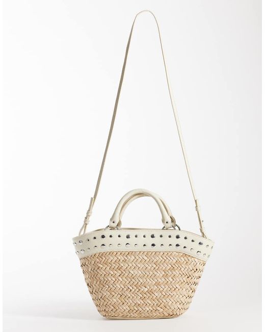 Mango Metallic Woven Handbag With Faux Leather Studded Trim