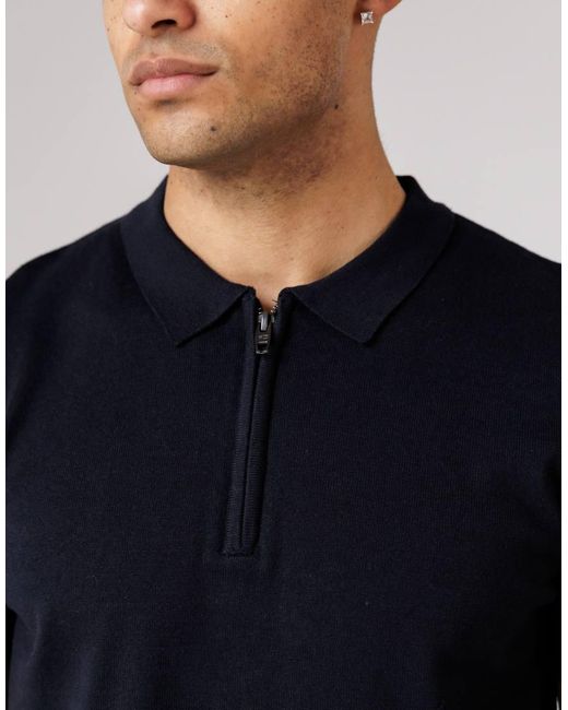 French Connection Blue Cotton 1/2 Zip Short Sleeve Polo Shirt for men