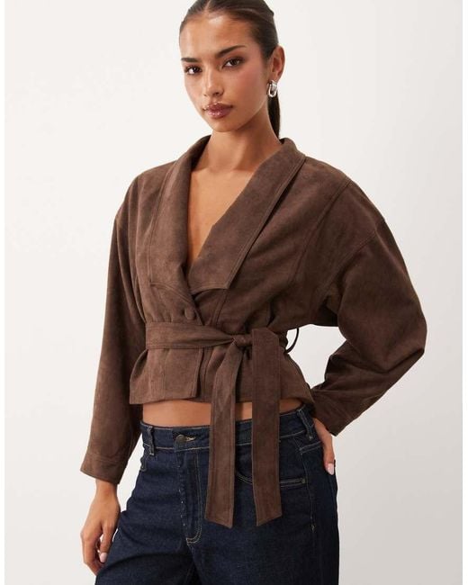 Lioness Brown Ritz Faux Suede Collar Detail Belted Jacket
