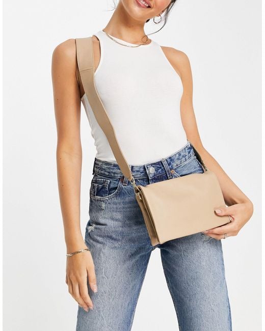 ASOS Beige Leather Multi Gusset Cross Body Bag With Wide Strap in