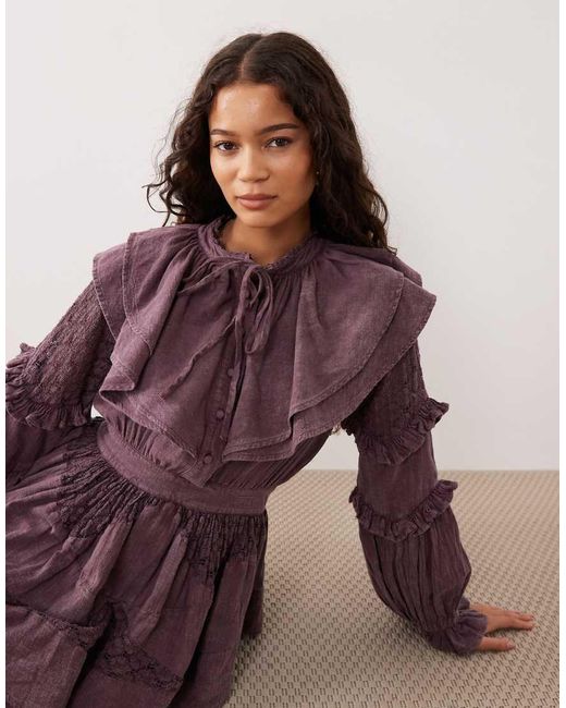 ASOS Purple Mini Dress With Cinched Waist Ruffle Detail And Lace Inserts