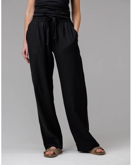 French Connection Black Cotton Linen Blend Elasticated Self-Tie Straight Leg Trousers