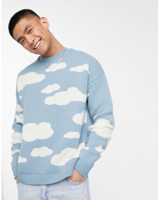 ASOS Blue Oversized Knitted Sweater With Cloud Design for men