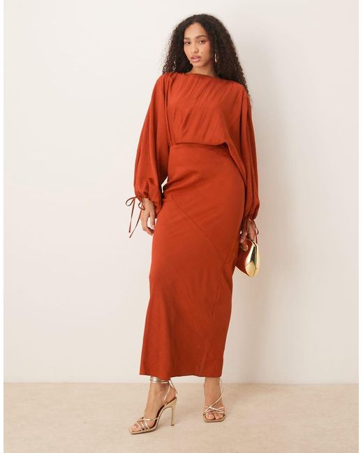 ASOS Blouson Sleeve Tucked Maxi Dress With Tie Detail in Red | Lyst UK