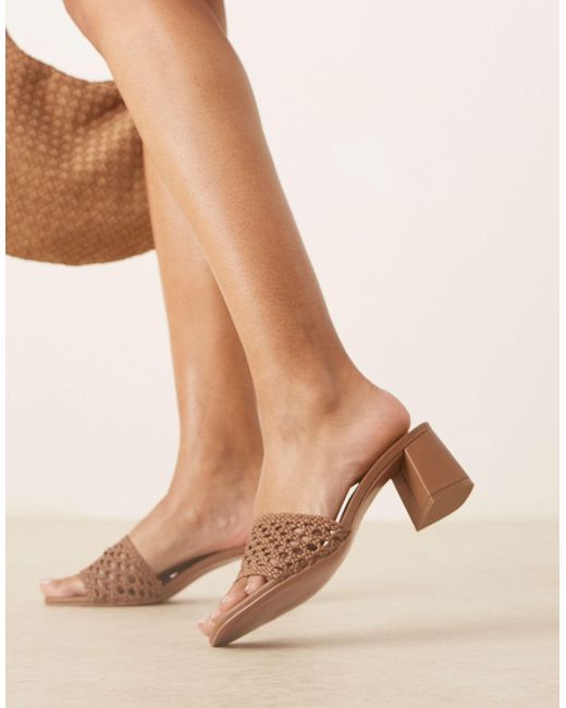 ASOS Brown Honeycomb Weave Detail Mid Heeled Mules