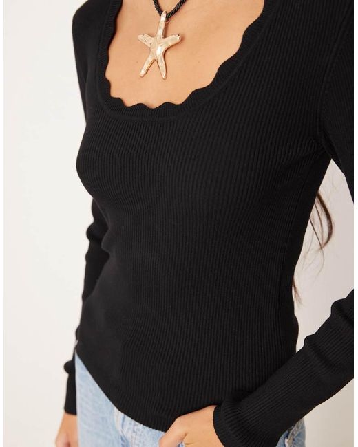 Jdy Black Scallop Edge Long Sleeve Top