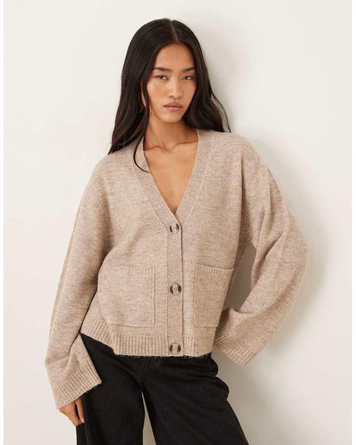 Gina Tricot Natural Relaxed Knitted Cardigan With Pockets