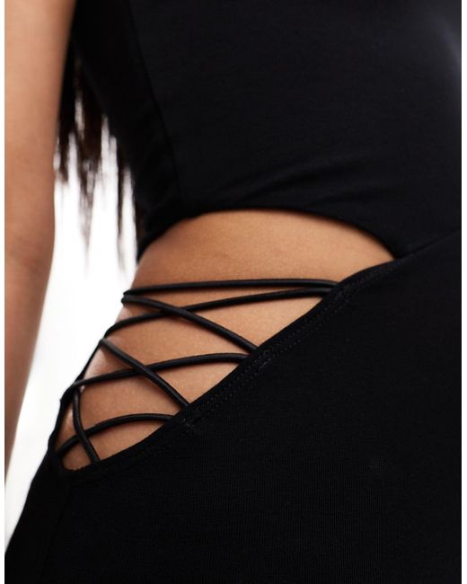 ASOS Black Off Shoulder Midi Dress With Lattice Cut Out Side